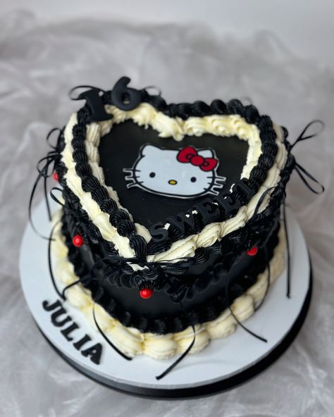 Hello Kitty dla Julii ♥️🖤 A bit of vintage piping. Black and red, 8” heart cake with oreo and kinder bueno inside 🔥 #hellokittycake #heartcake #londoncakemaker #cakesofinstagram #cakedecorating #birthdaycake #cakedesign #cakeart #cakeforhim #cakestagram #cakedecorator #instacake #cupcakes #ganachecake #cakeoftheday #moderncakedesign #cakelover #cakecakecake #felthamcakes #cakeartist #elsacaketheme #cakephotography #szkoleniaztortow #birthday #vintagecake #cakeinspiration #cakedesigner ... Heart Cake Hello Kitty, Bolo Da Hello Kitty, Cake Hello Kitty, Vintage Heart Cake, Ganache Cake, London Cake, Modern Cakes, Cake Photography, Hello Kitty Cake