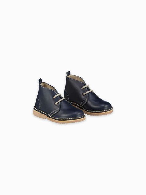 Navy Nappa Desert Boots | La Coqueta Kids Kids Deserts, Girls Smocked Dresses, Timeless Shoes, Navy Outfit, Desert Boot, Spanish Design, Boots Uk, Desert Boots, Unisex Shoes