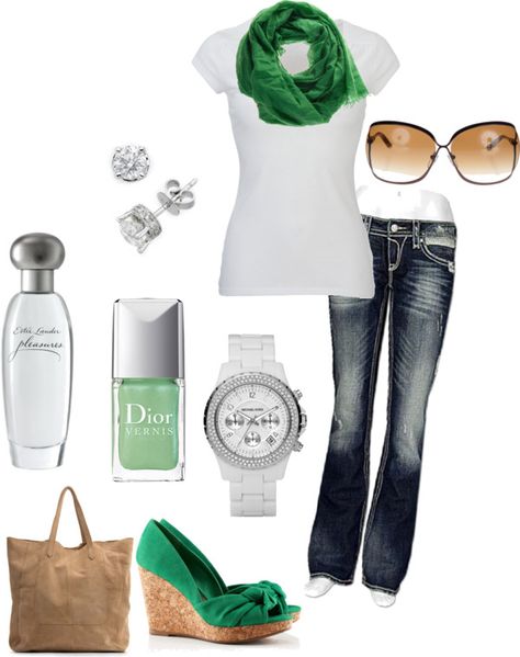 "St. Patrick's Day" by krystatarman ❤ liked on Polyvore Low Rise Boot Cut Jeans, Green Wedges, St Patrick's Day Outfit, Fav Color, St Pats, Green Scarf, Simple Outfit, Simple Green, Green Outfit