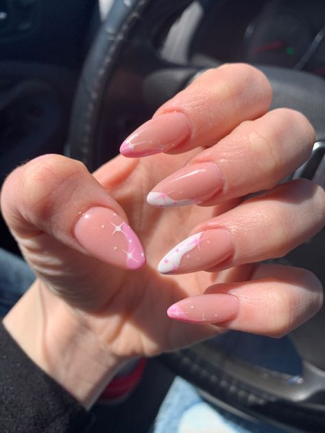 Pink & white almond nails with ✨ Pink Nails Ideas Almond Shape, Soft Pink Nails Almond Shape, Pink French Tip Nails Almond Design, Aesthetic Almond Shaped Nails, Elegant Birthday Nails Almond, Soft Almond Nails Designs, Pink And White Nails Almond Shape, Pink Acrylic Nails Almond Art Designs, Purple And White Almond Nails