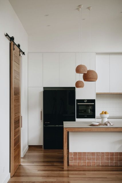 A New Extension for a Traditional Home in Adelaide | Houzz AU Cement Tile Kitchen, Hexagon Tile Kitchen, Modern White Kitchen Cabinets, White Hexagon Tiles, White Kitchen Tiles, Subway Tile Kitchen, White Tile Backsplash, Flat Panel Cabinets, White Backsplash