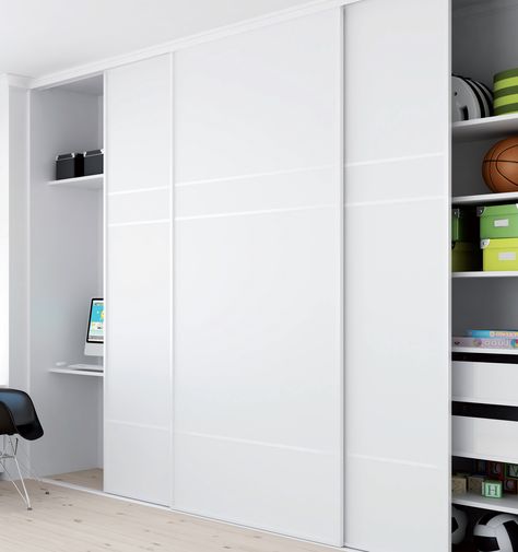 Hidden home office , sliding wardrobe White Sliding Door Wardrobe, White Sliding Wardrobe, Sliding Wardrobe Design, Wardrobe Wall, Bedroom Cupboard, Tv Unit Furniture Design, Ikea Closet, Sliding Wardrobe Doors, Kitchen Wardrobe