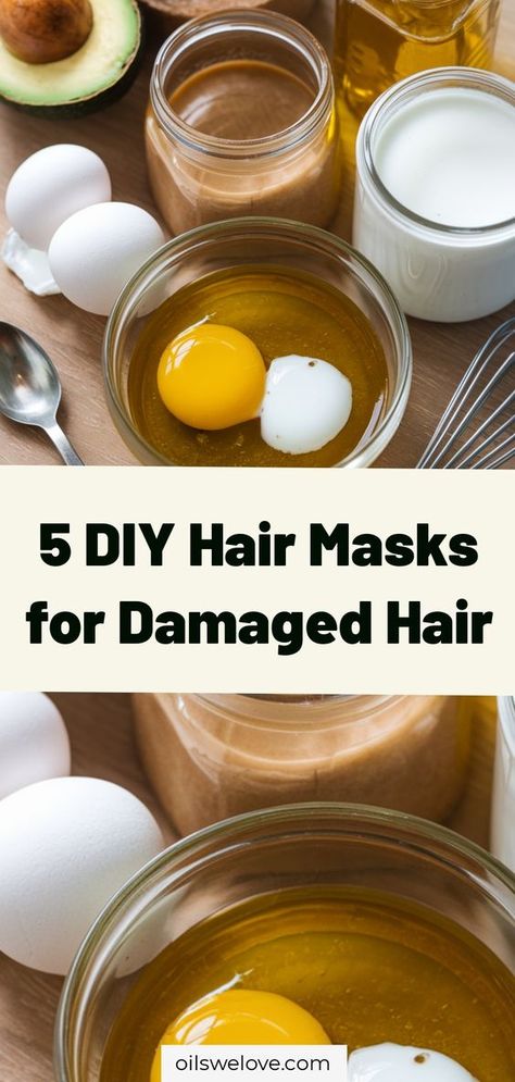 5 DIY Hair Masks for Damaged Hair - Transform your locks with these easy homemade hair treatments using natural ingredients. Say goodbye to dry and damaged hair with these simple DIY hair mask recipes. #DIYhairmasks #haircare #naturalhaircare Hair Mask For Glowing Hair, Natural Hair Treatments For Damaged Hair, Strengthening Hair Mask, Diy Natural Hair Mask, Best Diy Hair Mask For Dry Damaged Hair, Egg Hair Mask For Damaged Hair, Hair Mask For Damaged Hair Homemade, Hair Treatments For Damaged Hair, Natural Hair Masks For Damaged Hair