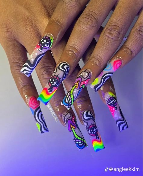 Spongebob Nails, Rave Nails, Rainbow Nails Design, Hippie Nails, Long Acrylic Nail Designs, Hard Nails, Nails Design With Rhinestones, Dope Nail Designs, Exotic Nails