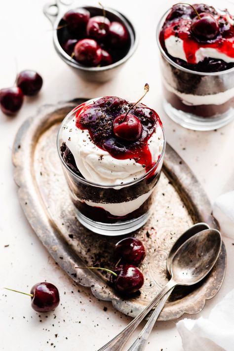 Black Forest Chocolate Parfaits Recipe - Lulus.com Fashion Blog Chocolate Parfait Recipes, Cherry Parfait, Cherry And Chocolate, Chocolate Parfait, Recipe For Two, Desserts In A Glass, Parfait Desserts, Cherry Sauce, Parfait Recipes