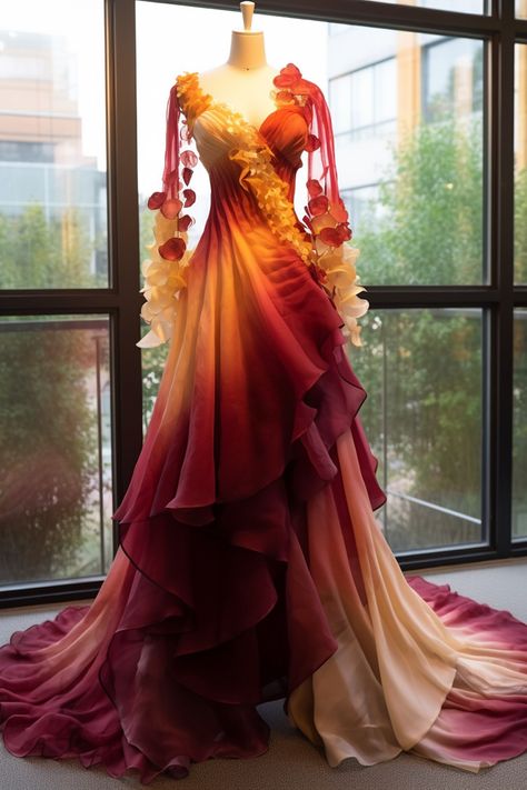 Snapdragon inspired gown Moana Prom Dress, Fire Dress Gowns, Autumn Court Dress, Fire Gown, Degrade Dress, Sunset Gown, Autumn Court, Fairytale Gown, Magical Dress