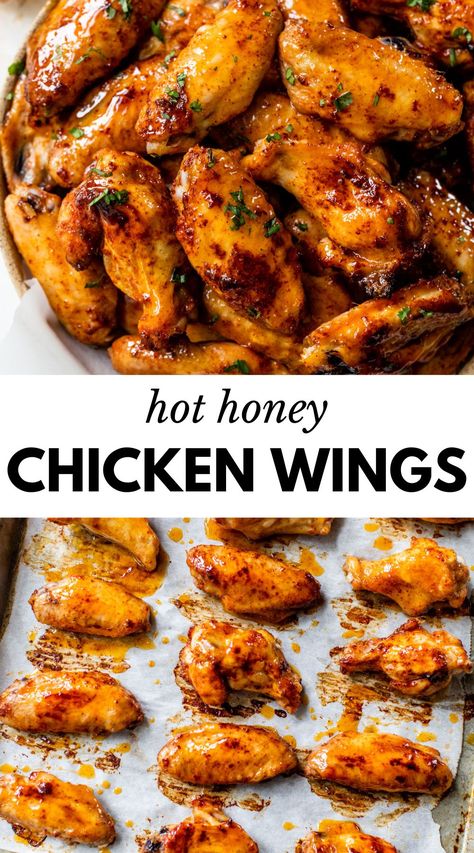 Hot Honey Chicken Wings are the best of both worlds: a bit of spice and a hint of sweetness. They're baked in the oven until crispy, then coated in a delicious hot honey sauce that you'll want to eat by the spoonful! Hot Honey Chicken Wings, Spicy Wings Recipe, Honey Wings Recipe, Honey Chicken Wings Recipe, Hot Honey Sauce, Hot Chicken Recipe, Hot Honey Recipe, Honey Bbq Wings, Whole Baked Chicken