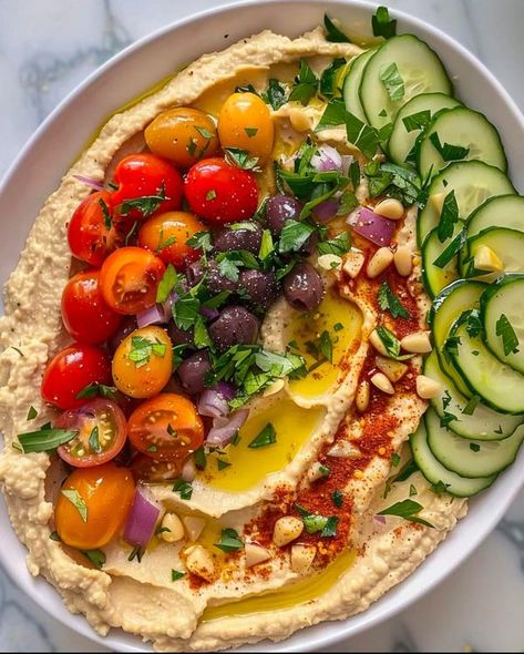 Nonna's Italian recipes | 🌿🍅Greek Style Loaded Hummus🌿🍅 | Facebook Greek Hummus Dip, Loaded Hummus, Hummus Appetizers, Lobster Cream Sauce, Lush Recipes, Recipes Greek, Healthy Dip, Hummus Dip, Healthy Dips