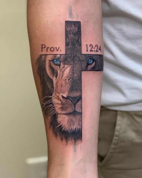 Forearm Cross Tattoo Biblical Men Tattoos, Calvary Hill Tattoo, Around The Wrist Tattoos For Guys, Cross With A Crown Tattoo, Psalm 91 Tattoo Men, Cross With Lion Tattoo, Tattoo On Tricep For Men, Obedience Tattoo, Biblical Tattoo Ideas For Men