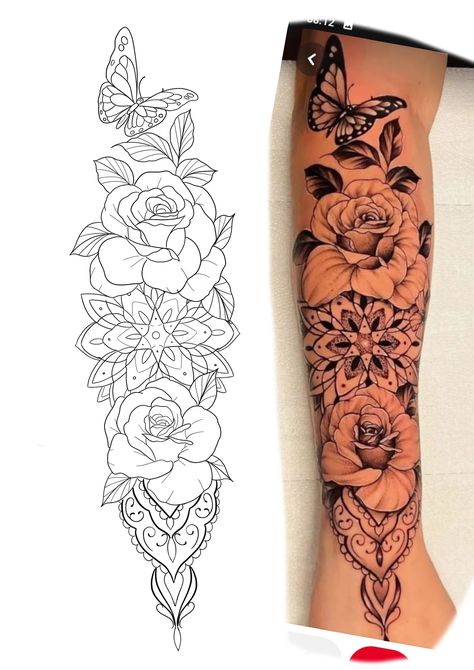 Mandala Tattoo Design Women Arm, Flores Tattoo Mujer, Half Sleeve Tattoo For Women, Japanese Mandala, Mandala Floral Tattoo Design, Mandala Tattoo Sleeve Women, Mandala Arm, Leg Sleeve Tattoos, Floral Mandala Tattoo