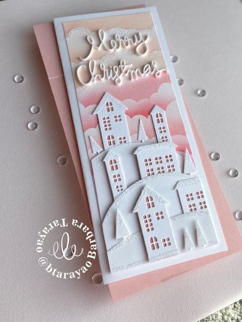 Christmas Village Card, Pink Christmas Cards, Pink Skies, Christmas Card Inspiration, Woke Up This Morning, Homemade Christmas Cards, Christmas Card Crafts, Christmas Scrapbook, Diy Christmas Cards