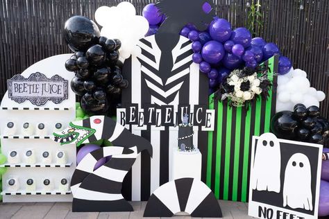 Halloween party | CatchMyParty.com Beetle Juice Baby Shower Ideas, Beetle Juice Birthday Party, Beetlejuice Party Decorations, Beetlejuice Baby Shower Ideas, Beetle Juice Halloween Decorations, Beetle Juice Party, Beetlejuice Birthday Party, Beetlejuice Party Ideas, Beetlejuice Halloween Party