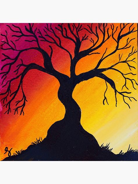 "Black Tree and Sunset" Art Print by Savagemuse23 | Redbubble Sunset With Black Trees Painting, Tree Of Life Painting Easy, Deep Sunset, Tree Of Life Painting, Tree Painting Canvas, Fall Canvas Painting, Dark Tree, Nature Picture, Sunset Silhouette