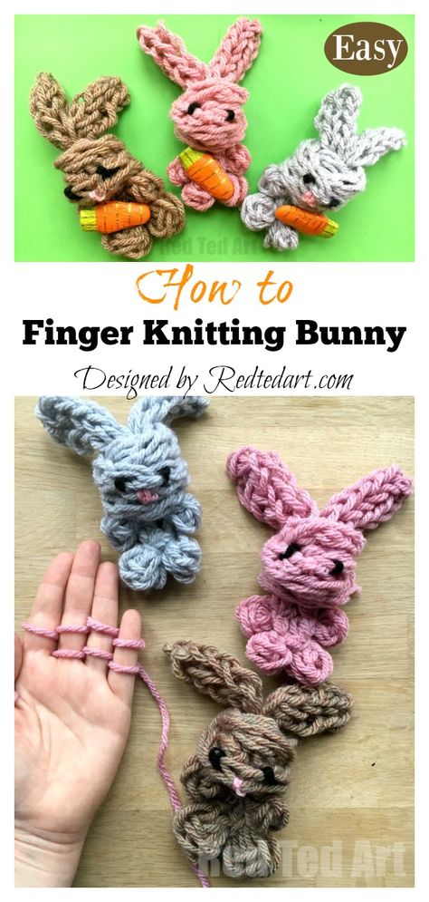 Easy Finger Knitting, Knitting Tutorial Video, Knitting Bunny, Bunny Video, Finger Knitting Projects, Finger Crochet, Weird Gifts, Finger Knitting, Bunny Designs