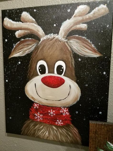 Diy Christmas Paintings For Kids, Christmas Moose Painting, Cute Holiday Paintings, Easy Christmas Pictures To Paint, Reindeer Painting Canvases, Christmas Paintings Diy, Easy Christmas Acrylic Painting Ideas, Cute Christmas Painting Ideas, Painting Ideas Easy Christmas