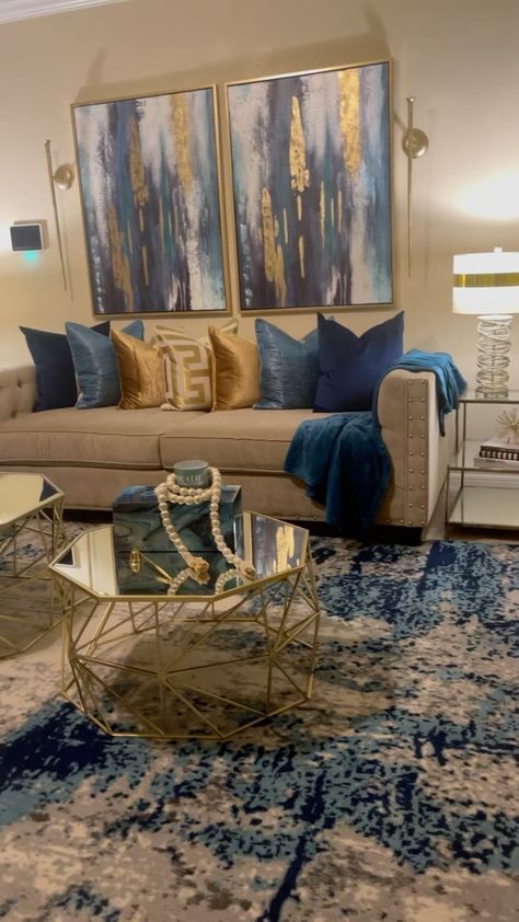 May Your Day Be Blessed, Blue And Gold Living Room, Home Interior Inspiration, Brown And Blue Living Room, Gold Living Room Decor, Brown Living Room Decor, Glam Living Room Decor, Apartment Decorating Living, Blue Living Room Decor