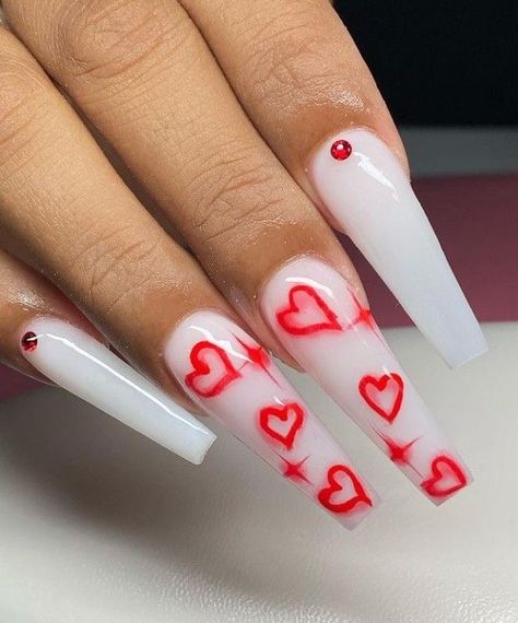 Long Nails With Hearts, Valentines Day Nails Long, Chola Nails Acrylic, Red Valentines Day Nails Acrylic, Red Heart Nail Art, Nail Art Designs For Beginners, Nail 2023, Easy Nail Art Designs, Red Acrylic Nails