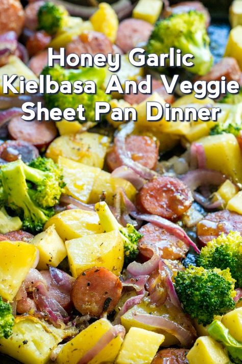 Honey Garlic Kielbasa, Honey Garlic Sausage, Sheet Pan Kielbasa, Sausage Sheet Pan Dinner, Veggie Sheet Pan, Copycat Chili, Sausage Sheet Pan, Yam Or Sweet Potato, Kielbasa Sausage