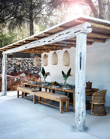 Glitter for Breakfast — via Caroline Legrand Design Greek Garden, House Portugal, Mediterranean Living, Pergola Design, Rattan Pendant, Casa Exterior, Outside Living, Pergola Designs, Scandinavian Home