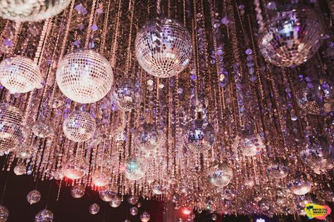 Sangeet Ceiling Decor, Disco Theme Sangeet Decor, Disco Ceiling Decor, Indoor Sangeet Decor, Mirror Party Decor, Sangeet Decoration Night Indoor, Pint House, Sangeet Stage, Ballroom Decor