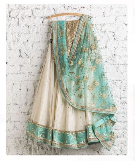 Mint, Ivory & gold lengha  #wedding #bride #bridal #lengha #saree #lenghasaree #ffashionaire #blouse #bridesmaids #gold #mint #ivory to order email us at ffashionaire@hotmail.co.uk Mint Lehenga, भारतीय दुल्हन संबंधी, Saree Color Combinations, Indian Outfits Lehenga, Indian Bridal Lehenga, Lehenga Choli Online, Red Lehenga, Patiala Salwar, Ghagra Choli