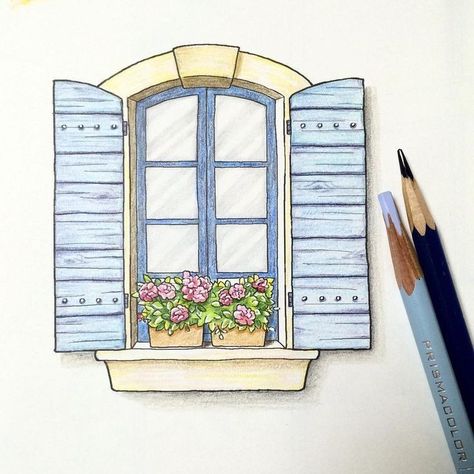 Aesthetic Window Drawing, Window Drawing Aesthetic, How To Draw A Window, Window Doodle, Window Drawing Ideas, Dibujo Simple, Window Drawing, Blue Shutters, Architecture Drawing Art