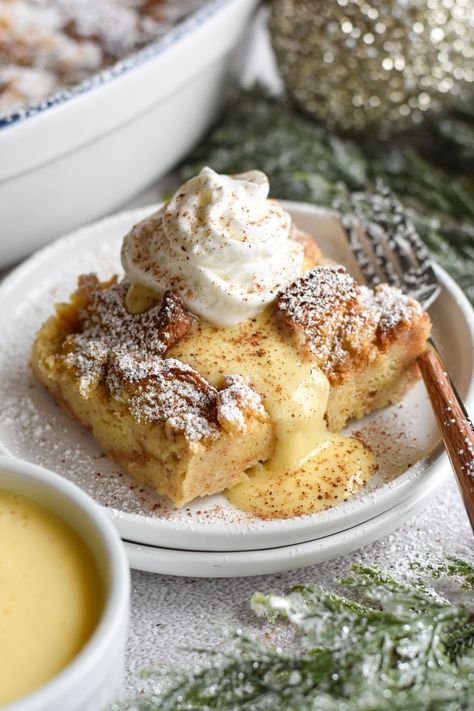 Eggnog Bread Pudding, Festive Dessert Recipes, Raisin Sauce, Eggnog Bread, Dance Around The Kitchen, Eggnog Dessert, Easy Eggnog, Pumpkin Bread Pudding, Scratch Cooking