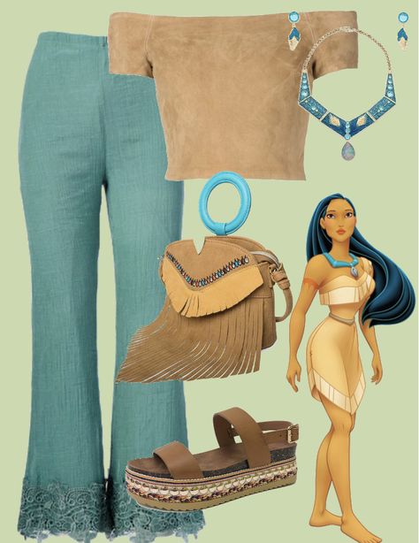 Disney Princess Everyday Outfits, Disney Bounding Pocahontas, Modern Day Pocahontas Outfits, Pocahontas Dress Inspired Outfits, Pocahontas Aesthetic Outfit, Pocahontas Modern Outfit, Shein Disney Outfit, Disney Princess Casual Outfits, Pocahontas Outfit Ideas