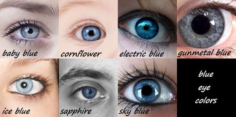 I'm pretty sure I have Sapphire eyes, but my eyes have a bit of gray in them too. My eyes are just weird... Eye Color Chart, Blue Eye Color, Types Of Blue, Green Eye, Writing Characters, Creating Characters, Brown And Green, Writing Advice, Blue Eye