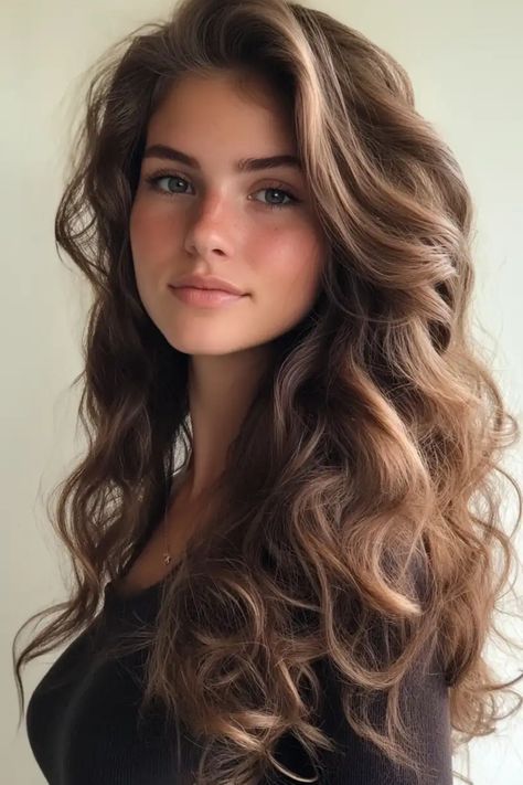 Young woman with long, wavy brown hair and a serene expression. Elegant Curls Hairstyles, Deep Side Part Long Hair, Curled Hair Front View, Side Parted Hairstyles Long Hair, Loose Curls Long Hair Front View, Voluminous Curls Side Part, Classy Curls Vintage, Loose Voluminous Curls, Big Curls Wedding Hair