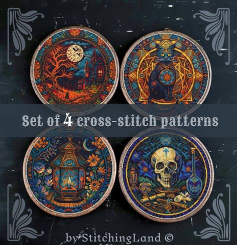 Witchy Cross Stitch Patterns, Castle Cross Stitch Pattern, Witchy Cross Stitch, Castle Cross Stitch, Black Cat Cross Stitch Pattern, Witch Cross Stitch Pattern, Gothic Cross Stitch, Black Cat Cross Stitch, Stitches Design