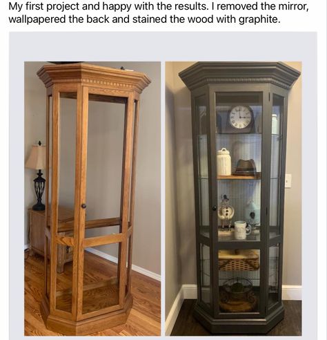 Curio Cabinets Makeover, Update Curio Cabinet Ideas, Upcycle Curio Cabinet, Redo Curio Cabinet Ideas, Diy Curio Cabinet Makeover, Redone Curio Cabinet, Diy Curio Cabinet Redo, Refinished Curio Cabinet Ideas, Refurbished Curio Cabinet