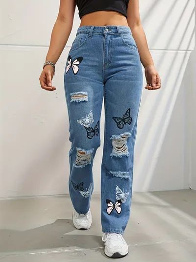 Denim Style Casual, Womens Ripped Jeans, Blue Ripped Jeans, Denim Pants Women, Denim Patterns, Streetwear Y2k, Type Of Pants, Colored Denim, Straight Pants