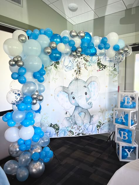 Elephant baby boy baby shower balloon garland Baby Boy Elephant Shower Ideas, Elephant Balloon Arch, Blue Elephant Baby Shower Ideas, Elephant Theme Baby Shower Boy, Baby Boy Baby Shower Ideas Theme, Baby Elephant Baby Shower Ideas, Baby Shower Elephant Theme Boy, Elephant Themed Baby Shower Ideas, Baby Showers For Boys