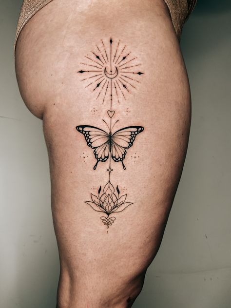 My lovely tattoo with different meanings! #leg #tattoo #women #butterfly #moon #libra #heart #lotus #unalome #sun Monarch Butterfly Moon Tattoo, Butterfly Libra Tattoo, Butterfly Lotus Flower Tattoo, Unalome Butterfly Tattoo, Lotus Flower Butterfly Tattoo, Spiritual Butterfly Tattoo, Lotus Leg Tattoo, Butterfly Sun Tattoo, Lotis Flower Tattoo