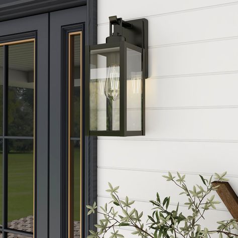 1-Light Matte Black Modern Outdoor Wall Lantern - Bed Bath & Beyond - 36992216 Farmhouse Outdoor Lighting, White Farmhouse Exterior, Front Door Lighting, Front Porch Lighting, White Exterior Houses, Outdoor Wall Mounted Lighting, Exterior Light Fixtures, Craftsman Exterior, Black Light Fixture