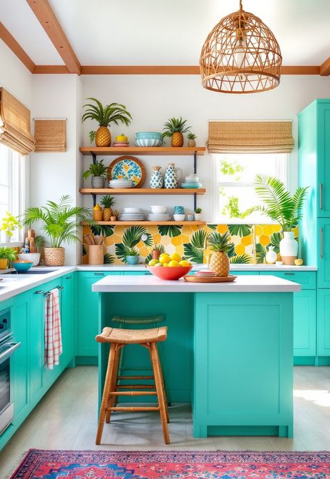 Coastal Boho Tropical House Interior, Tropical Kitchen Design, Coastal Boho Kitchen, Small Apartment Kitchen Decor, Coastal Boho Decor, Tropical Chic Decor, Caribbean Decor, Boho Kitchen Ideas, Tropical Kitchen