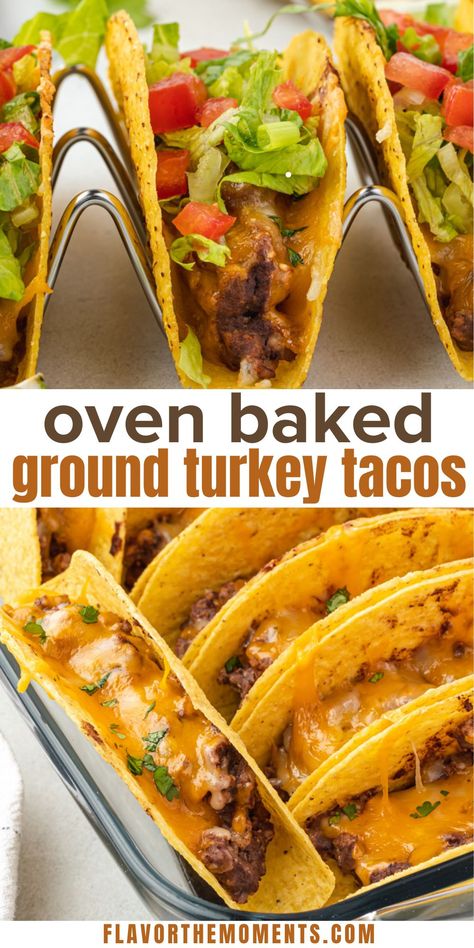 Oven Baked Ground Turkey Tacos are filled with flavorful turkey taco meat, refried beans and cheese, then baked to crispy perfection. They're ready in 30 minutes for a quick and easy weeknight dinner! #tacos #glutenfree #dinner Ground Turkey Taco Recipes For Dinner, Baked Turkey Tacos, Bake Tacos In Oven, Tacos Baked In Oven, Chicken Tacos Baked In Oven, Ground Turkey Taco Bake Recipes, Ground Turkey Baked Tacos, Ground Turkey Taco Recipes, Turkey Tacos Recipes