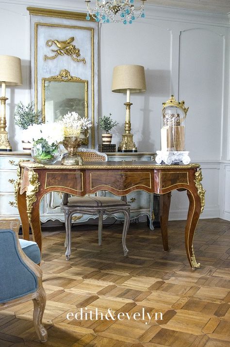 French Plat Desk in the Study | Edith & Evelyn French Country Library, Country Office Ideas, French Country Home Office, Country Library, Country Home Office, French Farmhouse Home, French Country Office, French Style Desk, Stationary Essentials