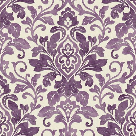 Damask Wallpaper Bedroom, Purple Pillows, Decal Codes, Boho Bedding, Damask Wallpaper, Wallpaper Bedroom, Vintage Printables, Vintage Clock, Purple Wallpaper