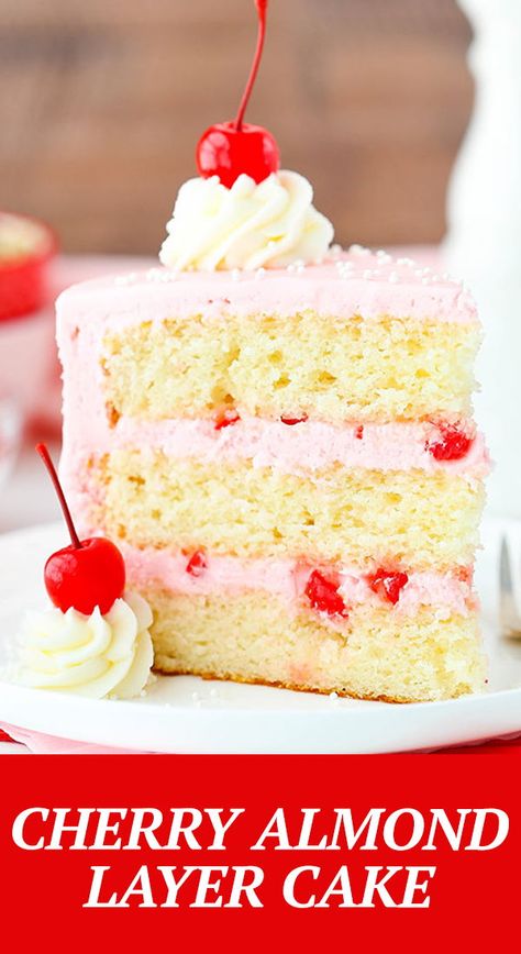 Almond Layer Cake, Cherry And Almond Cake, Cherry Frosting, Cake Cherry, Cake Light, Maraschino Cherries, Cherry Desserts, Cherry Cake, Cherry Almond