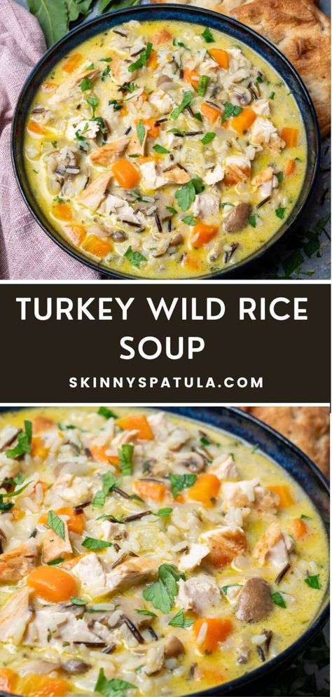 Turkey Wild Rice Soup – Skinny Spatula Turkey Wild Rice Soup Recipes, Wild Rice Soup Healthy, Wild Rice Soup Crockpot, Turkey Soup Crockpot, Rice Soup Crockpot, Turkey And Wild Rice Soup, Turkey And Wild Rice, Easy Turkey Soup, Turkey Wild Rice Soup