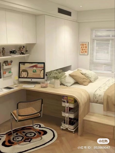 Small Living Area Layout, Desk Against Bed, Bed And Desk Layout Small Room, Minimalist Loft Bedroom, Small Room Design Ideas, Small Bedroom Interior, Room Redesign, Small Room Design, Dream House Rooms