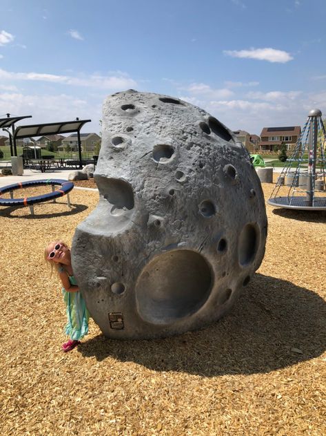 Star Meadows Park Erie CO | Slides and Sunshine Awesome space and moon themed park in Erie CO! Spaceship Playground, Space Playground, Rock Scape, Small Playground, Kids Outdoor Playground, Star Beach, Bridge Structure, Portable Bathroom, School Playground