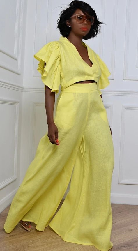 2piece Outfits, Edgy Chic, Fashion Tops Blouse, Sunshine Yellow, Evening Dresses Elegant, Flared Pants, Matching Top, Work Attire, The Sunshine