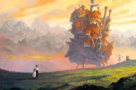 Howl's Moving Castle Scenes, Howl's Moving Castle Aesthetic, Howls Moving Castle Wallpaper, Howls Moving Castle Art, Wallpaper Horizontal, 하울의 움직이는 성, Castle Background, Horizontal Painting, Studio Ghibli Background