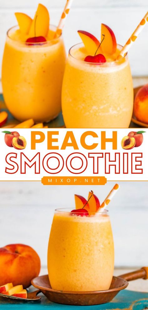 Smoothie With Avocado, Chocolate Smoothie Recipe, Peach Smoothie Recipes, Easy Breakfast Smoothies, Easy Mocktail Recipes, Peach Drinks, Peach Smoothie, Fruit Smoothie Recipes Healthy, Drink Recipes Nonalcoholic