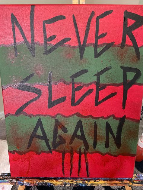 You'll never sleep again with this painting hanging in your room. Celebrating one of my favorite Horror Movie villians Mr. Krueger himself! This stretched canvas is 11 x 14 and would be a great addition for any horror lover and especially those who love a good nightmare! You can check out the making of video here: https://youtu.be/tVZr53qQwE4 Horror Movie Canvas Art, Halloween Painting Ideas On Canvas Easy Scary, Star Shaped Canvas Painting, Scary Canvas Painting Ideas, Horror Movies Paintings, Halloween Bedroom Decor Diy, Freddy Krueger Pumpkin Painting, Diy Horror Movie Decor, Easy Horror Painting Ideas