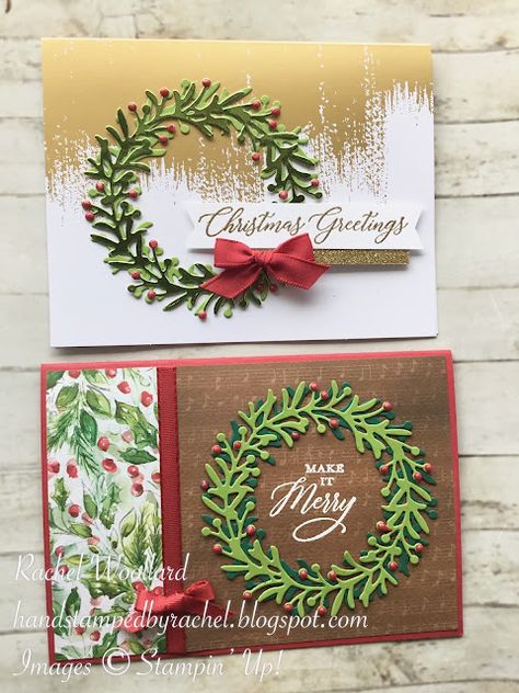 Stampin Up Brushed Gold Christmas Cards, Su Wishes All Around Cards, Stampin Up Wishes All Around Cards, Brushed Gold Cards And Envelopes Su, Stampin Up Brushed Gold Cards, Wishes All Around Stampin Up Cards, Simple Christmas Cards To Make, Wreath Christmas Cards, 13 Wishes