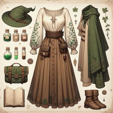 Outfit inspiration  for a charecter, fantasy   #cosplay#healer#wizard#fairy#aesthetic#art#mage#mageoutfits#outfit#botanical#fantasy#fantasybook#bookinspiration Witch Outfit Fantasy Art, Dnd Outfits Inspiration Druid, Fantasy Dnd Outfits, Ren Faire Mage, Dnd Character Cosplay, Apothecary Clothing, Fantasy Healer Outfit, Fantasy Traveler Outfit Drawing, Wizard Outfit Aesthetic